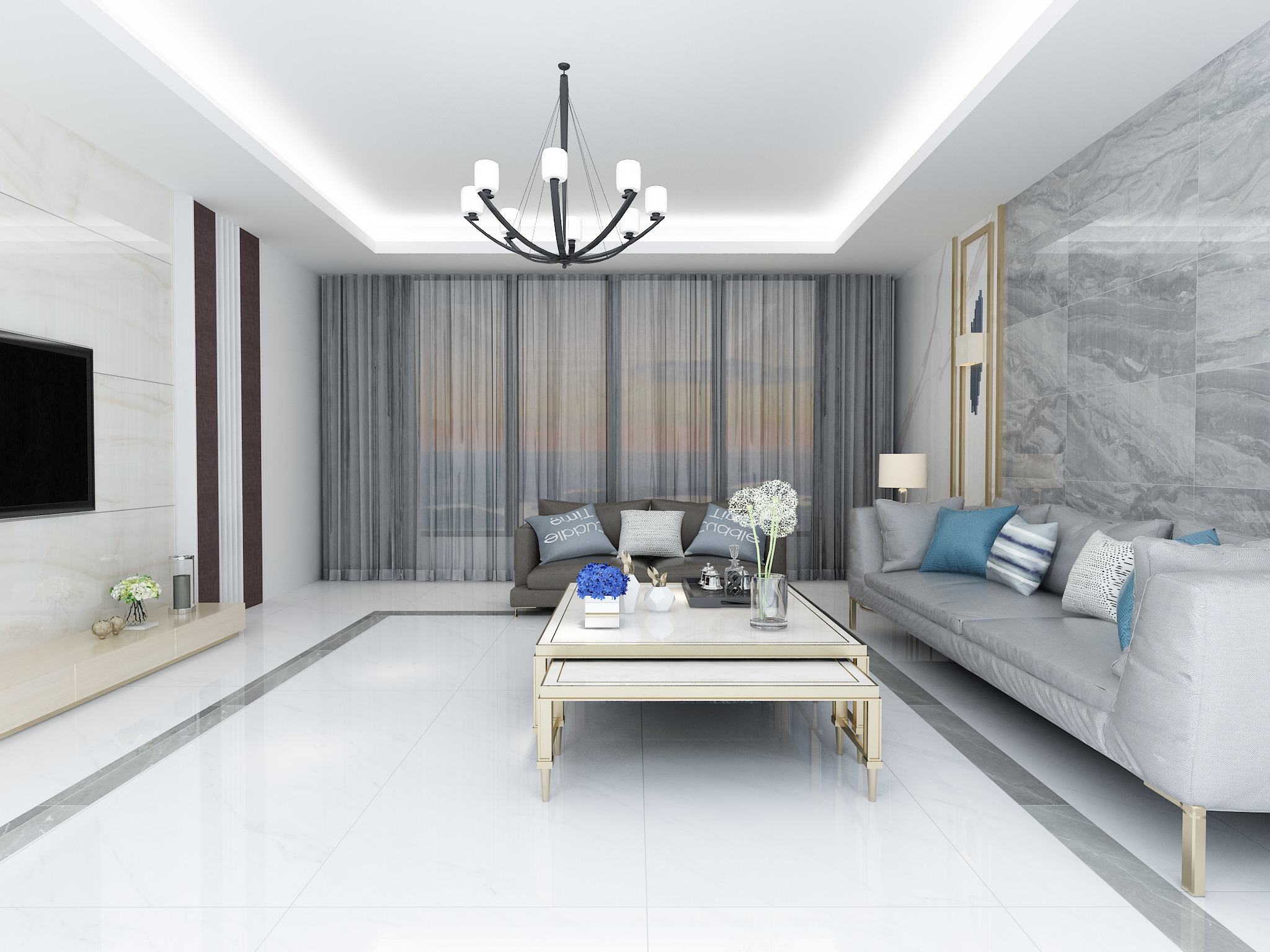 普君新城华府现代客厅-欧神诺瓷砖效果图