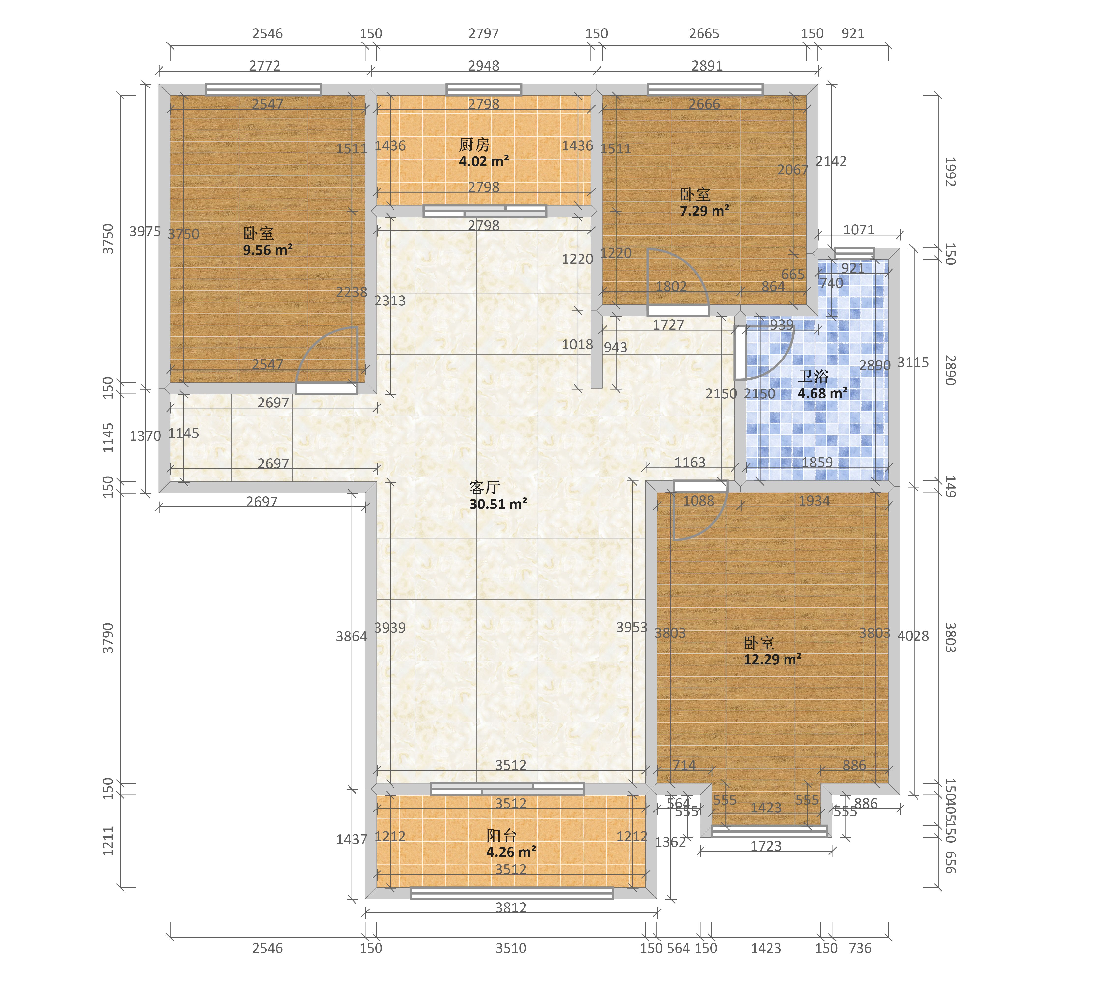 鼎盛明月城三室兩廳兩衛1戶型圖